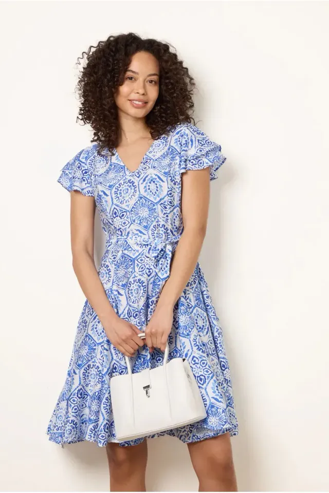 Blue Vanilla V Neck abito mini blu royal fantasia paisley