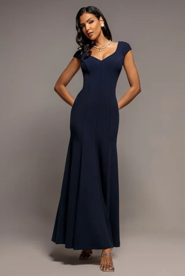 Goddiva Capped Sleeve Pleated abito maxi blu navy scuba