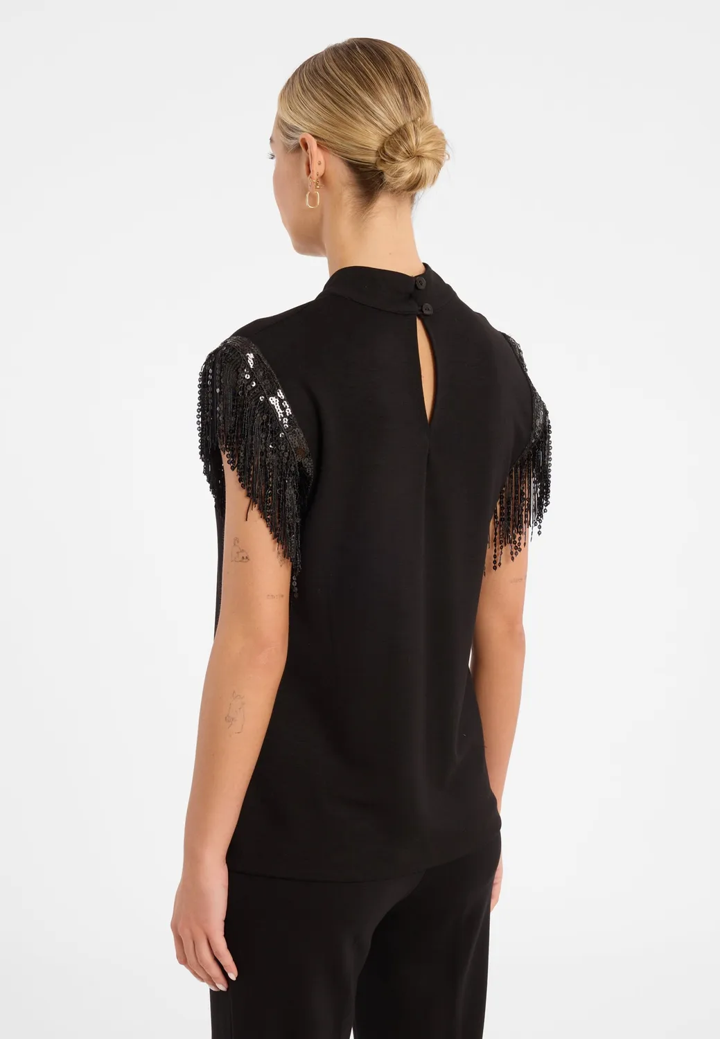 Ana Alcazar Cora Top Nero Jersey Frange Sera