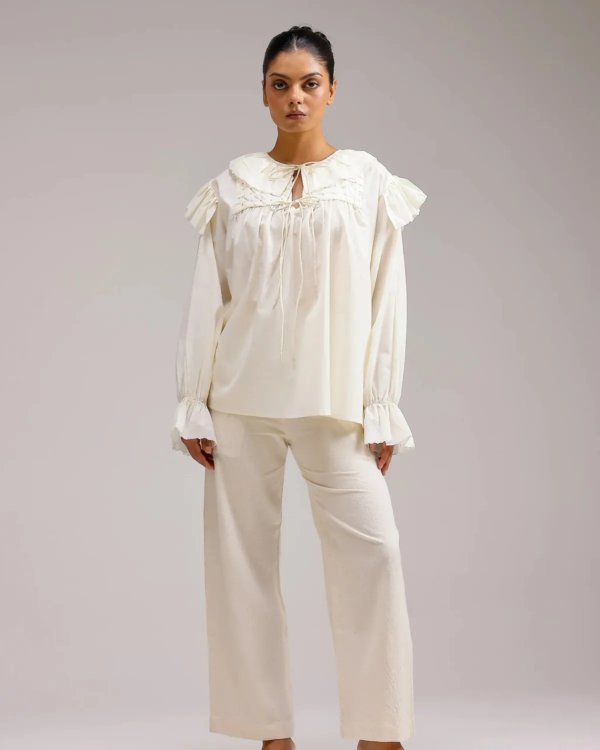 Our Dve Ivy top beige cotone volant