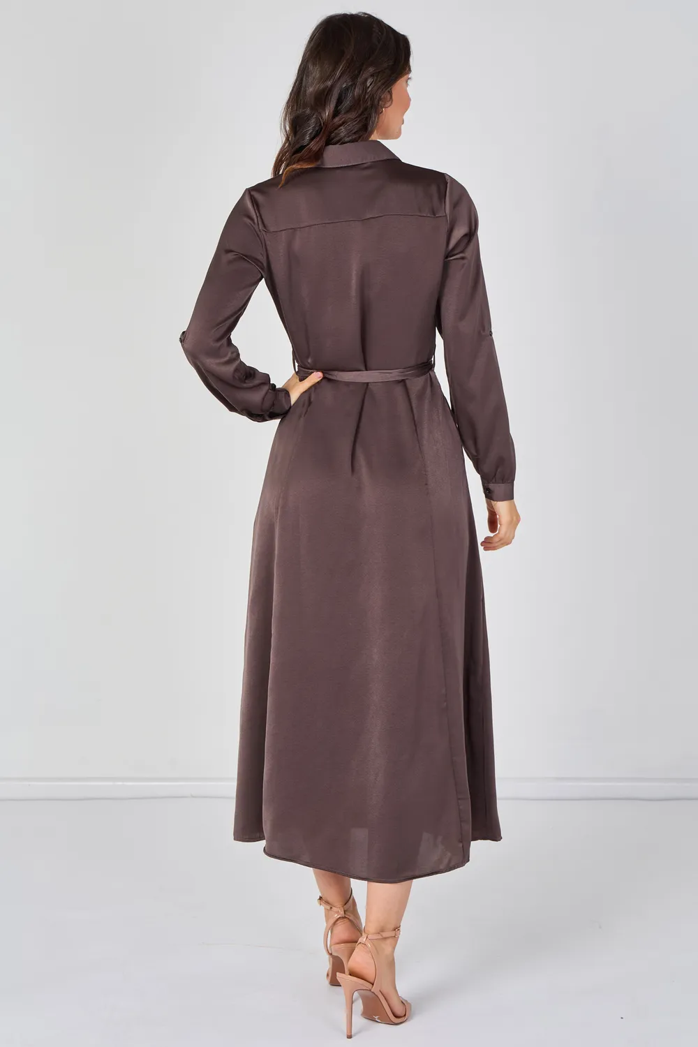 Love Sunshine abito camicia maxi mocha satin cintura