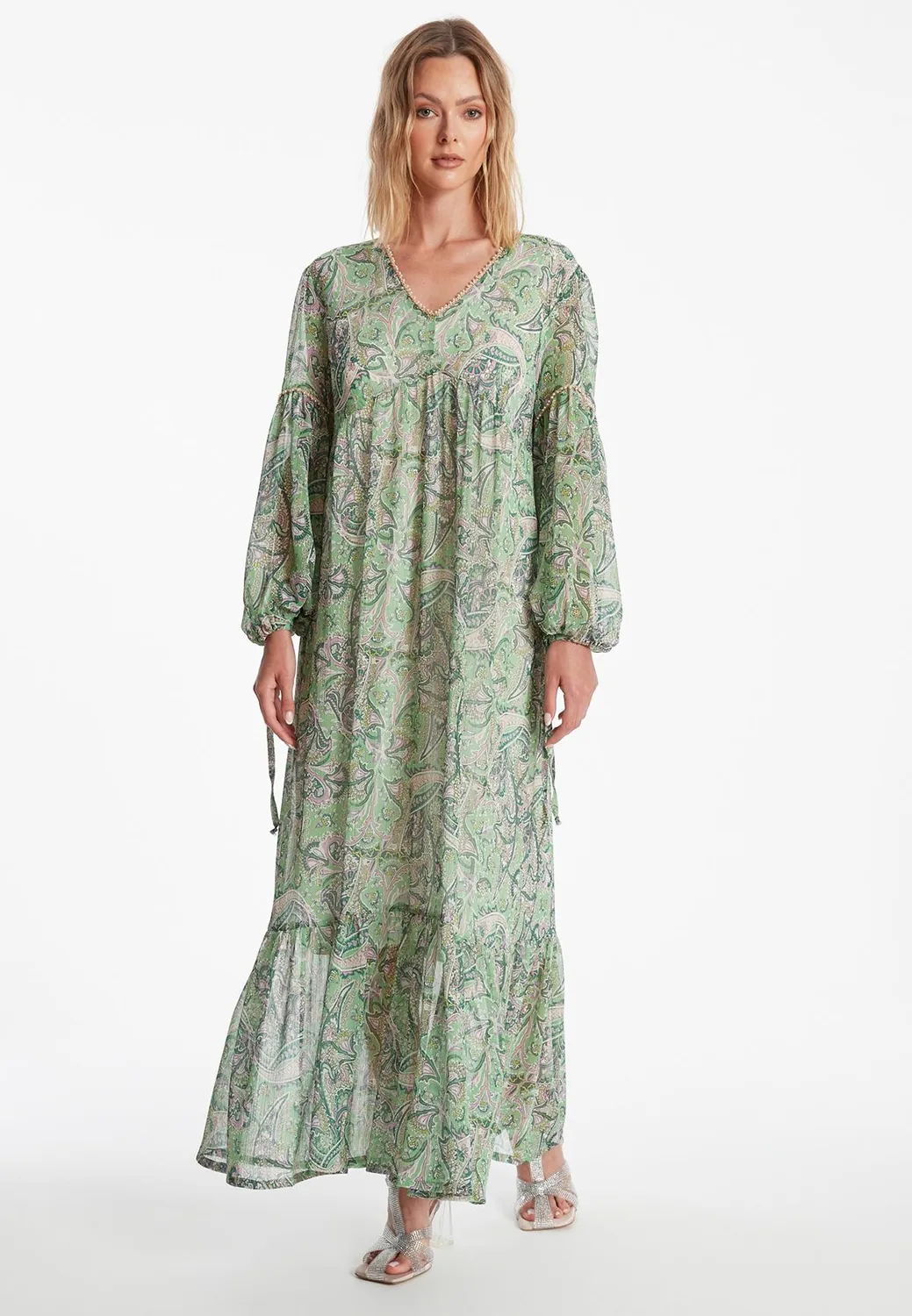 Ana Alcazar Zesani abito maxi chiffon verde paisley