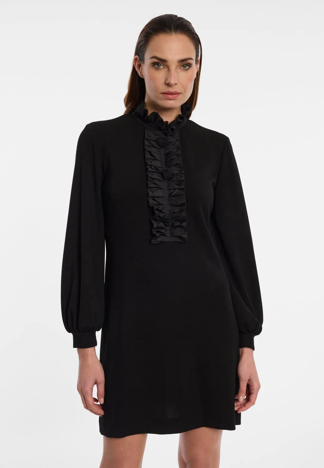 Ana Alcazar Elibelle abito jersey nero volant jabot