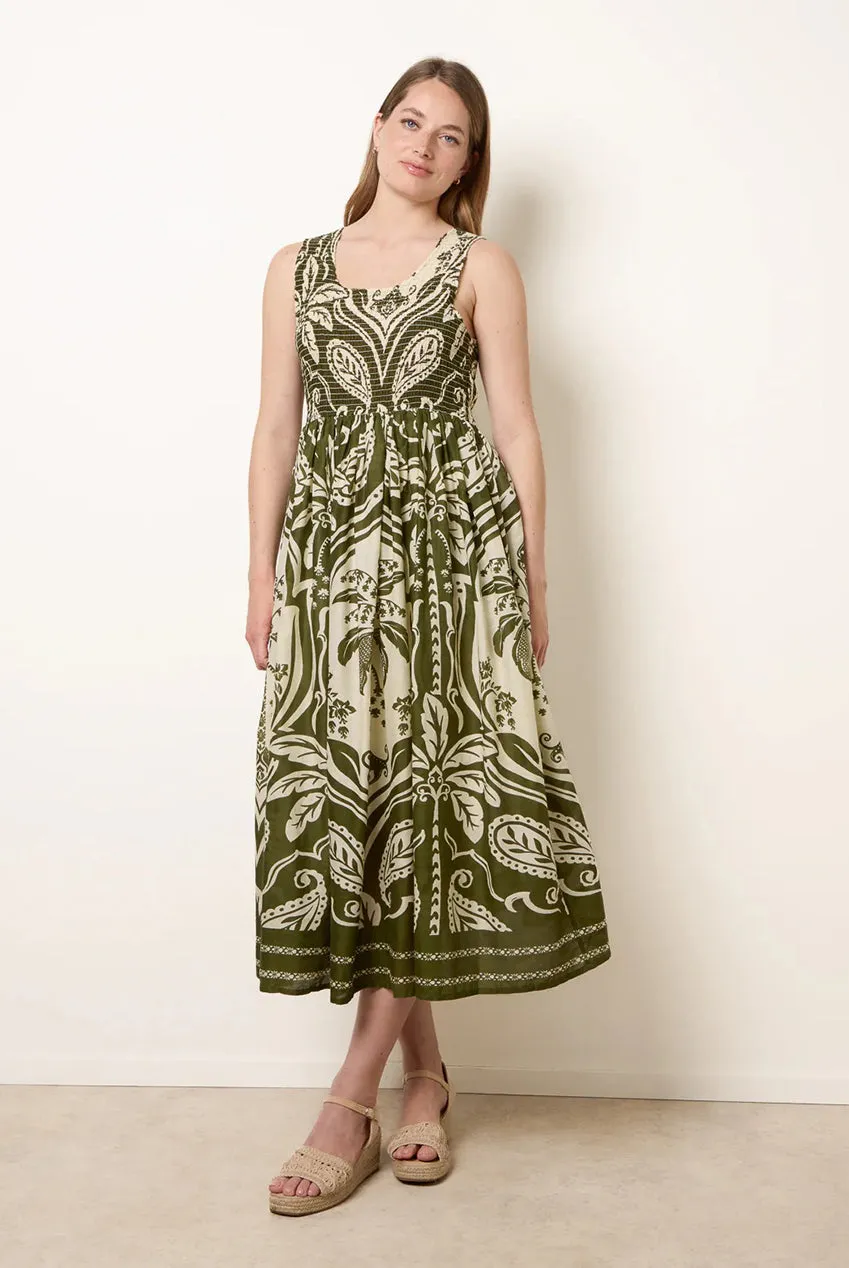 Blue Vanilla Sleeveless Shirred abito midi kaki cotone