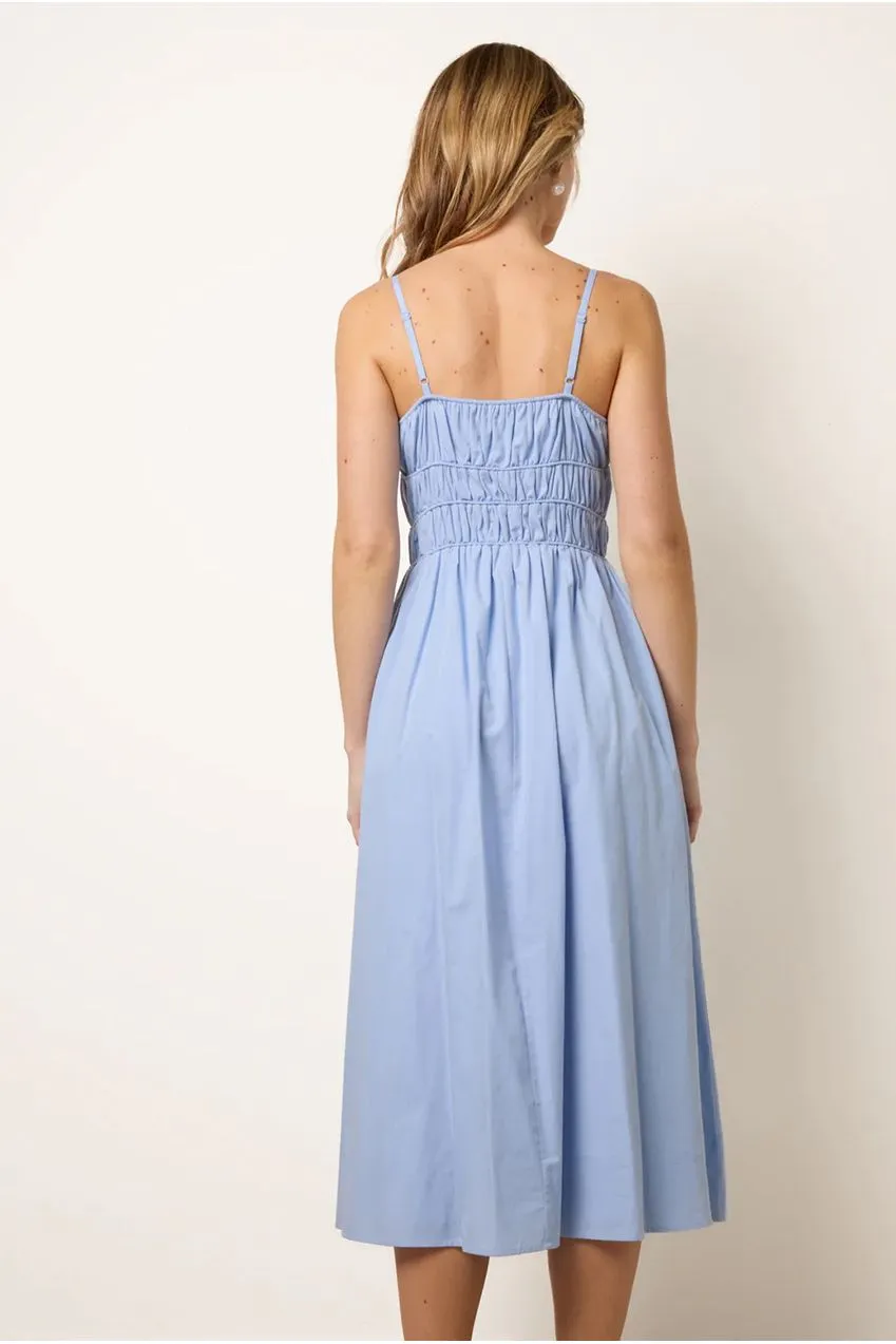 Blue Vanilla Strappy abito midi azzurro cotone shirred