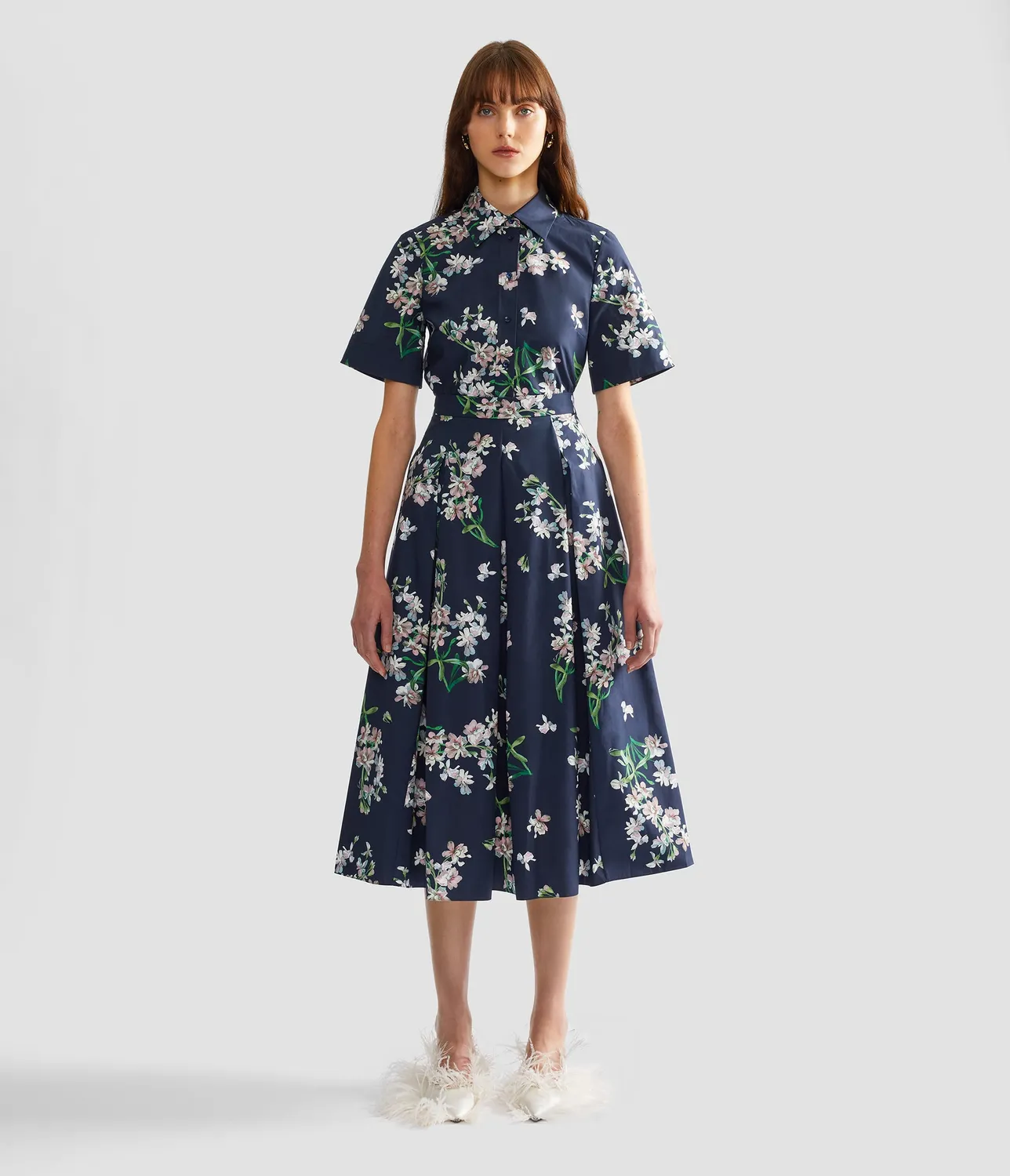 Erdem Floral Cotton gonna midi plissettata navy