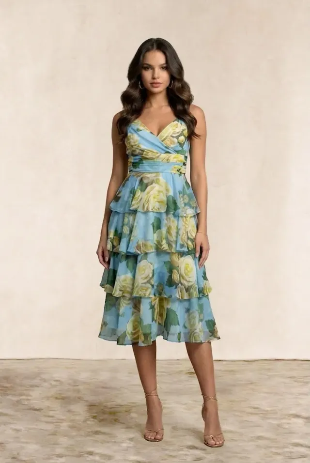 Chi Chi London Sleeveless Floral Abito Midi Blu a Fiori