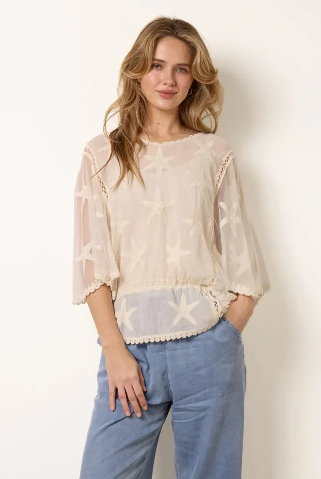 Blue Vanilla Star Fish Camicia beige in cotone ricamata