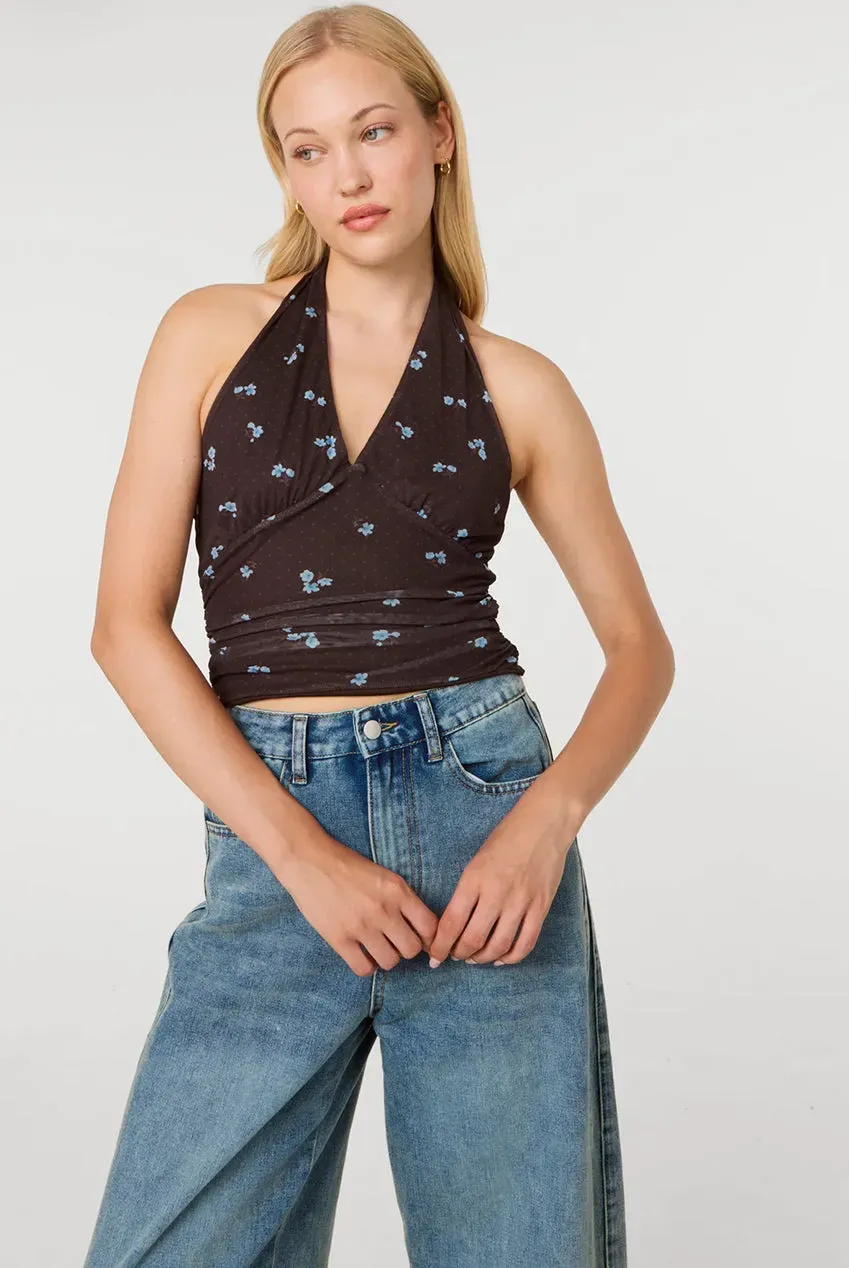 Pink Vanilla Floral Polka Dot top halter marrone mesh