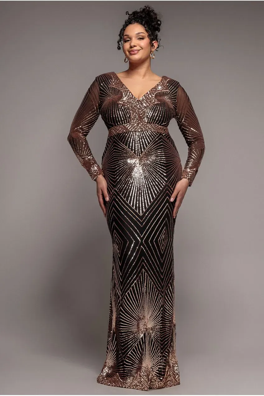 Goddiva Plus abito maxi paillettes oro rosa 18