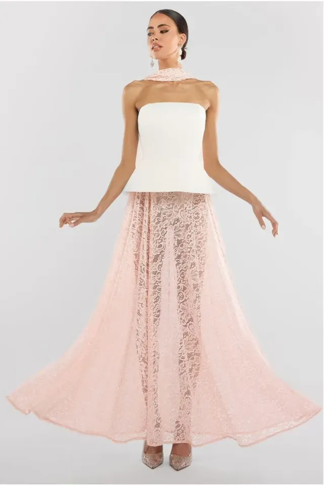 Goddiva Lace gonna lunga rosa cipria pizzo floreale