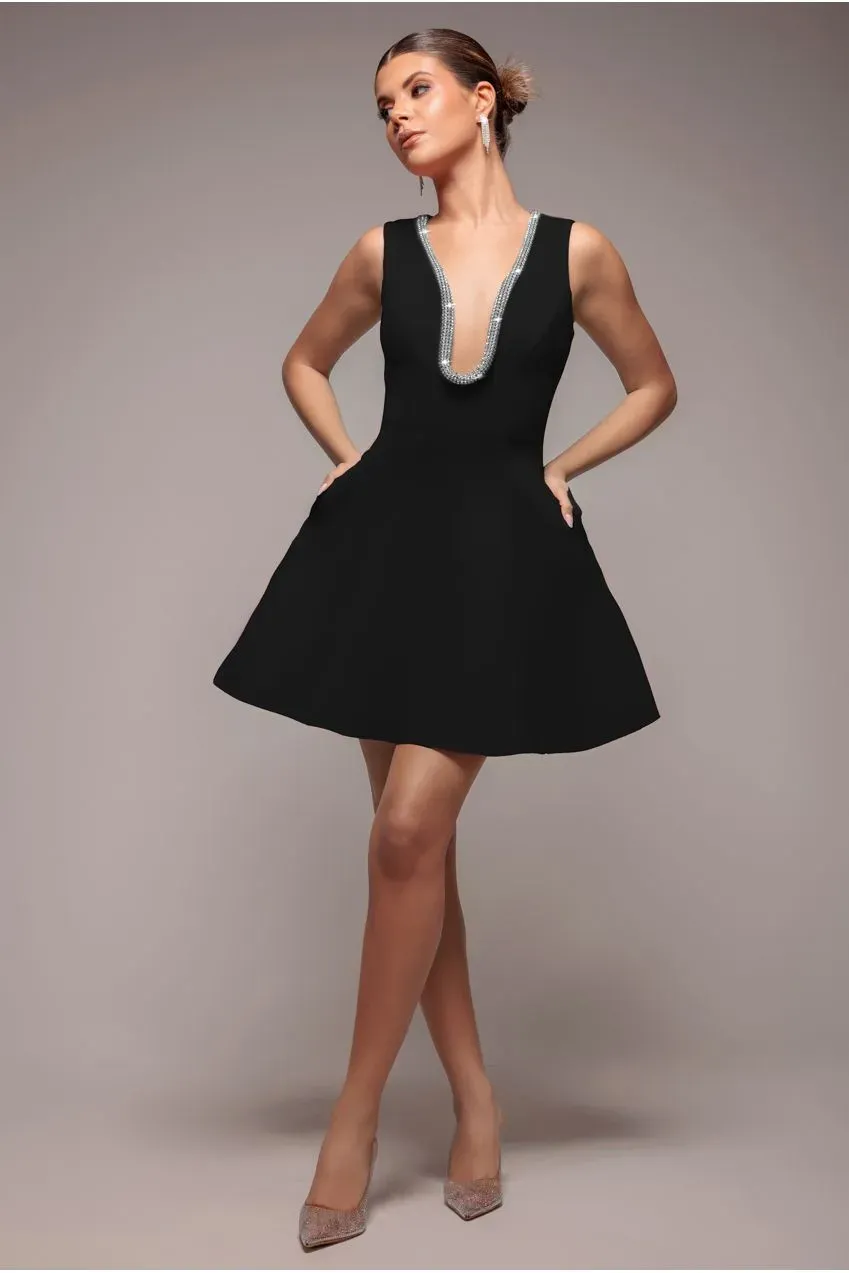Goddiva DR4599 abito mini nero scollo con diamante