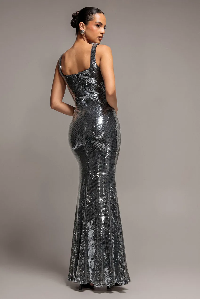 Goddiva Sequin Mermaid abito maxi argento scollo quadrato