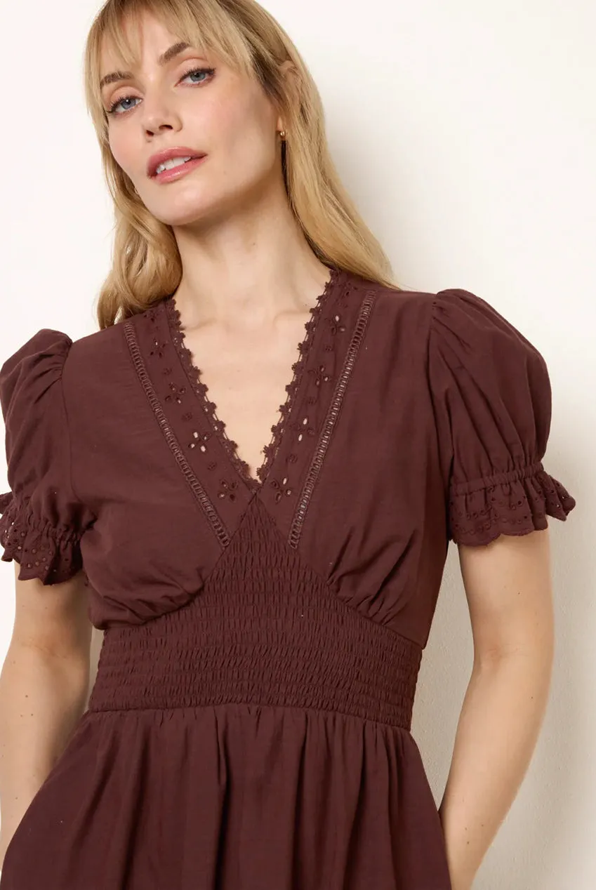 Blue Vanilla Embroidery Detail Abito Maxi Cioccolato cotone
