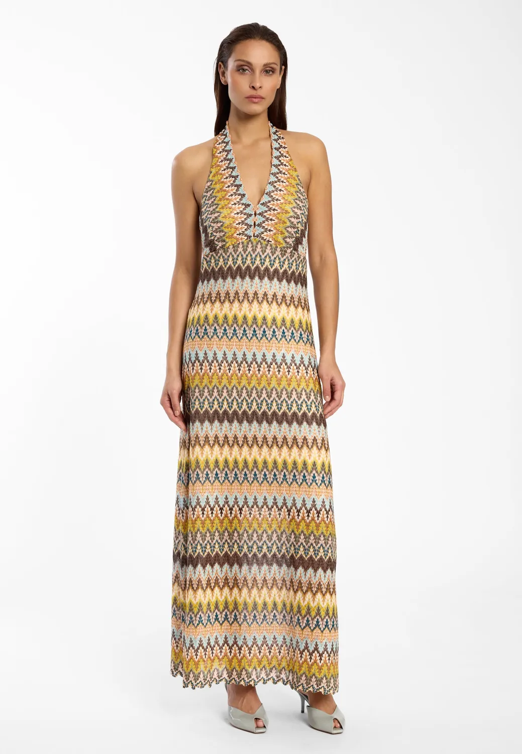 Ana Alcazar Disel abito maxi halterneck verde zigzag