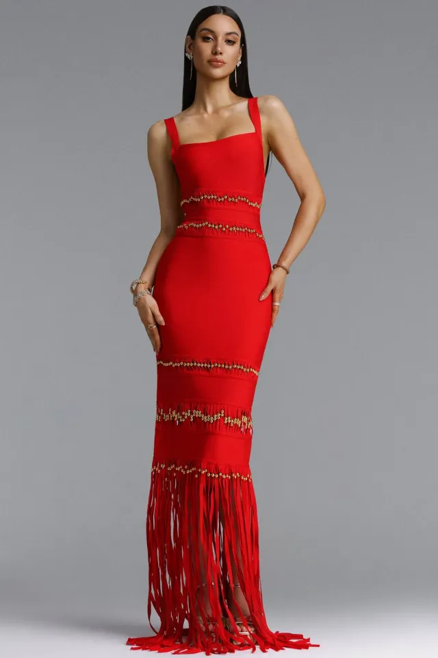 Bella Barnett Shanley abito maxi rosso frange