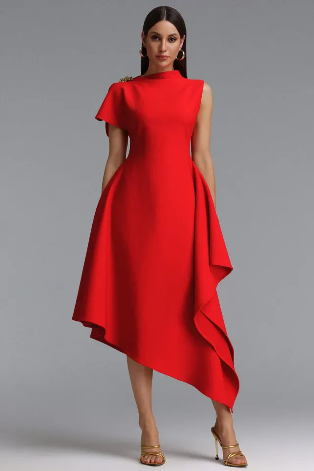 Bella Barnett Weren abito maxi rosso scollo alto asimmetrico