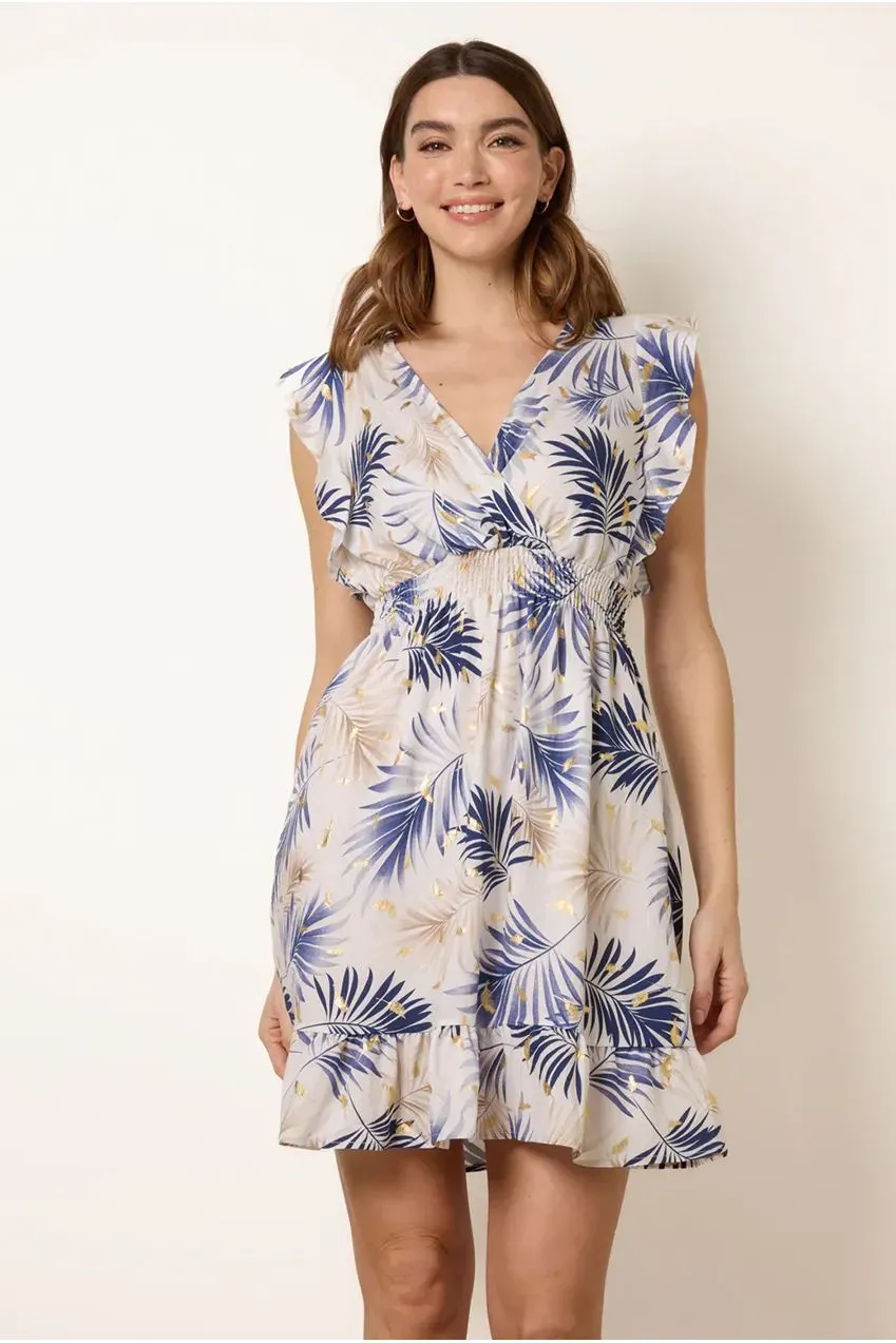 Blue Vanilla Tropical abito navy stampa foglie