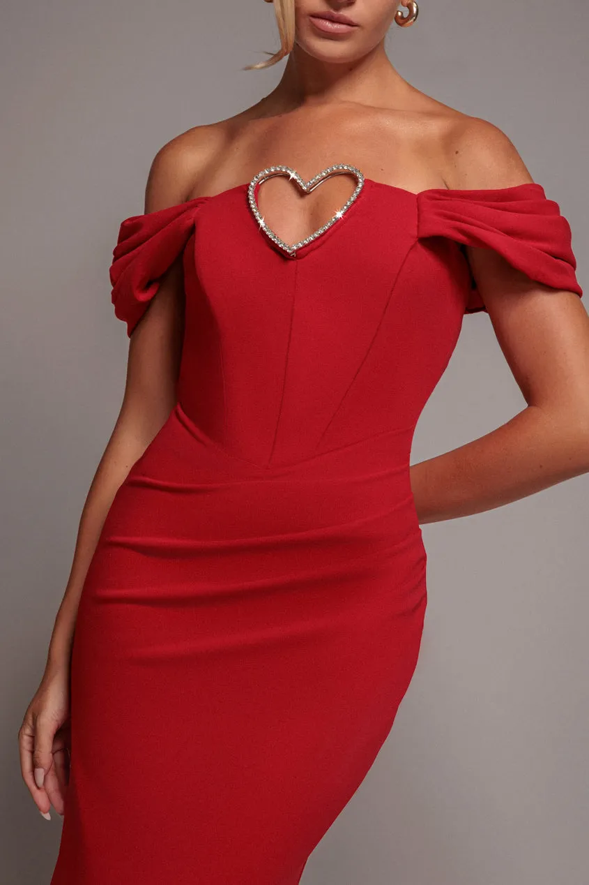 Goddiva DR4700 Diamante Heart abito maxi rosso scollato