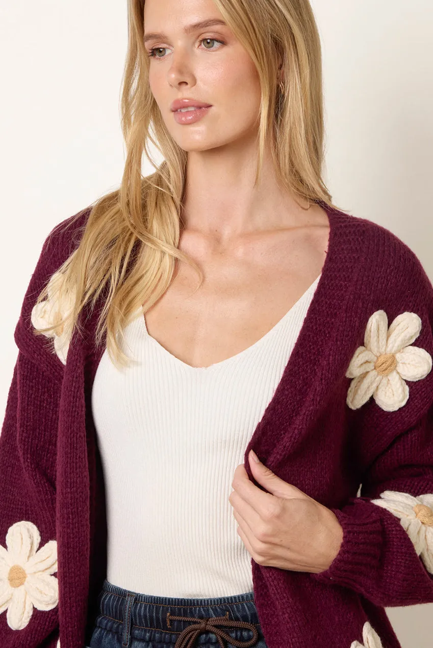 Blue Vanilla Daisy cardigan ricamato bordeaux S/M fiori grandi