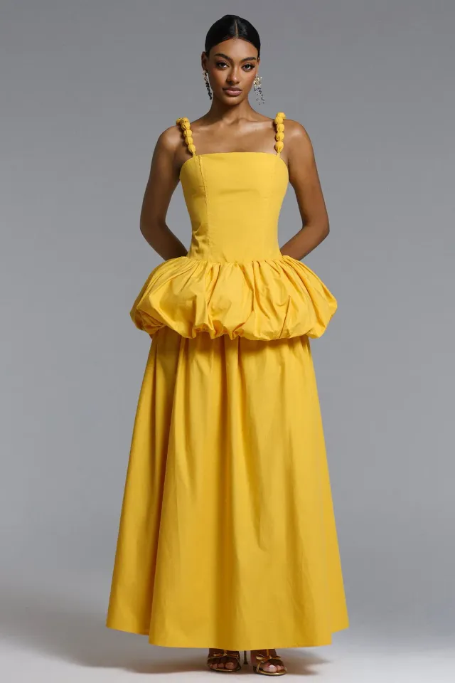 Bella Barnett Sierra abito maxi giallo scollo quadrato