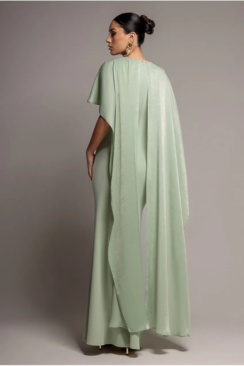 Goddiva Scoop Neck Cape abito maxi verde salvia in raso elegante