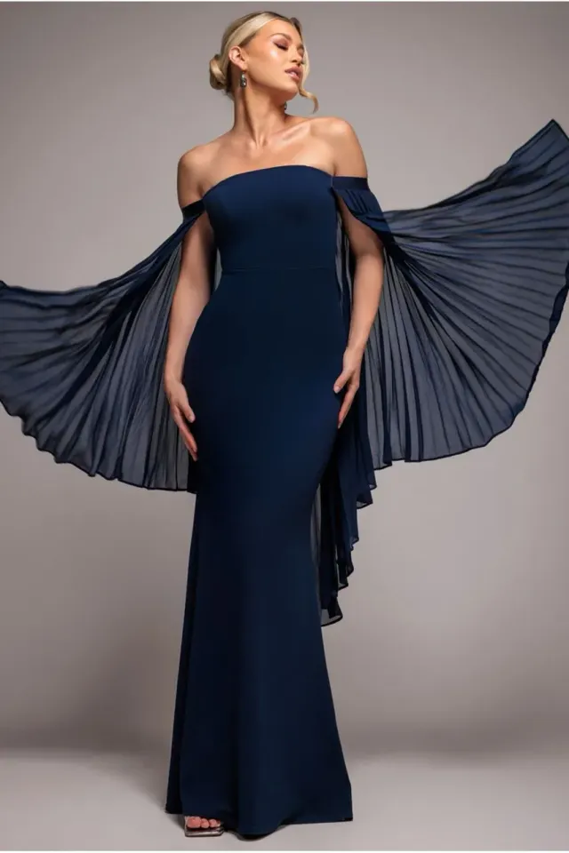 Goddiva Maxi senza spalline blu navy con mantella chiffon