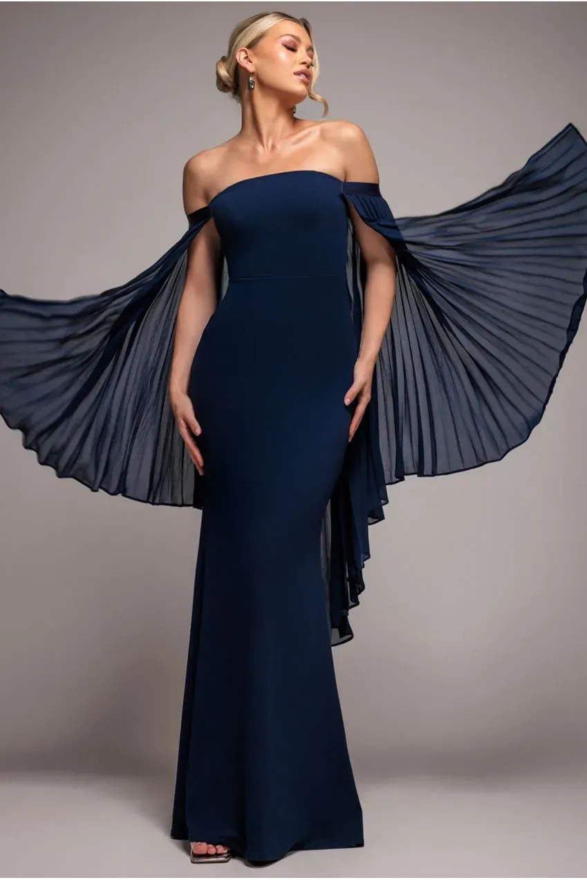 Goddiva Maxi senza spalline blu navy con mantella chiffon