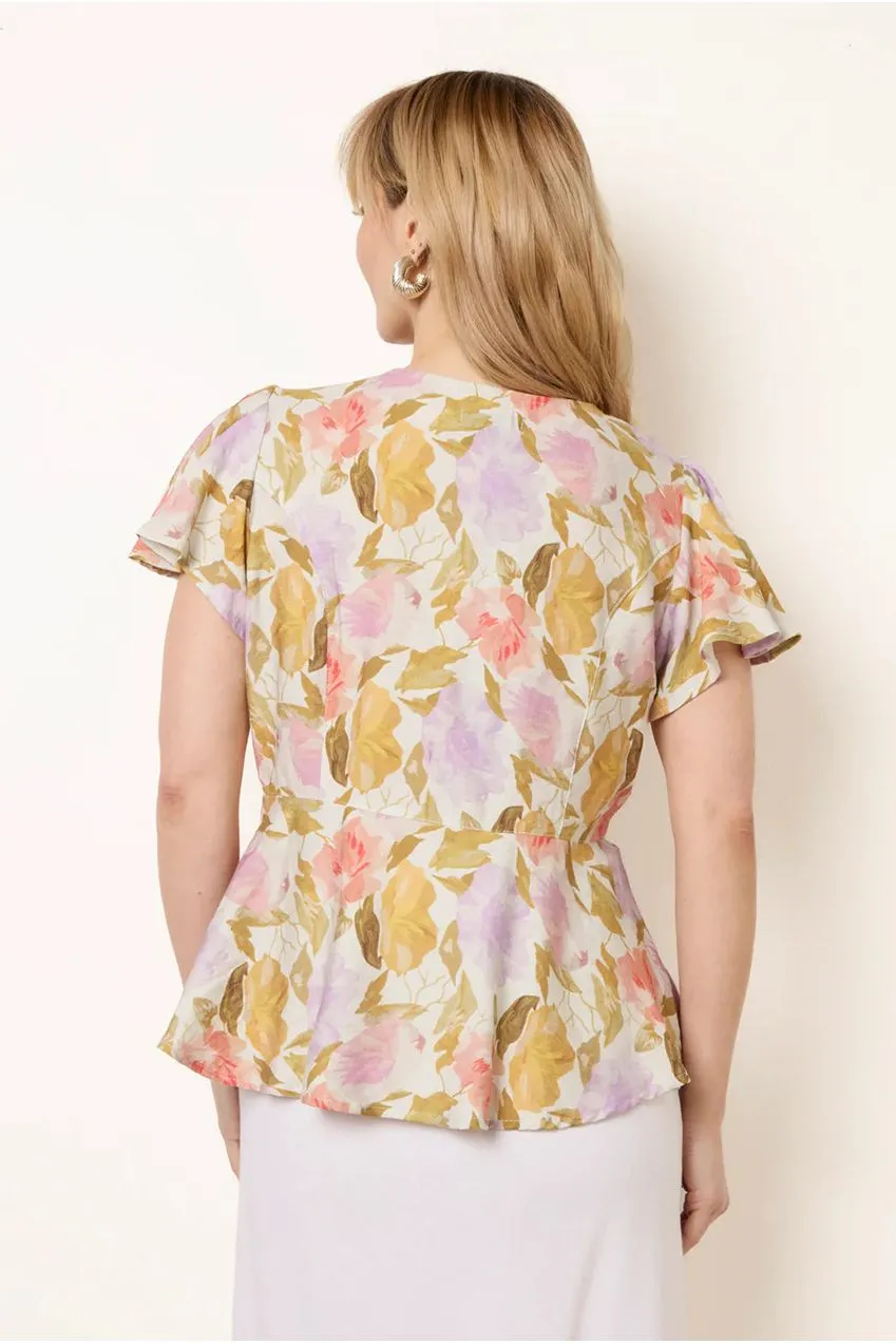 Blue Vanilla Floral Peplum top fantasia scollo V