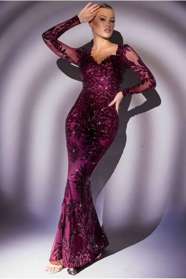 Goddiva Sequin Leaf abito maxi bordeaux maniche lunghe elegante