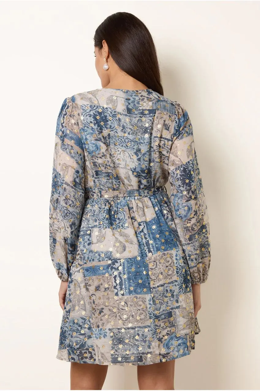 Blue Vanilla Foil Patchwork mini abito blu metallizzato