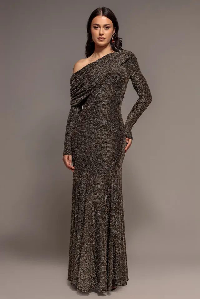 Goddiva Bardot abito maxi oro lurex monospalla