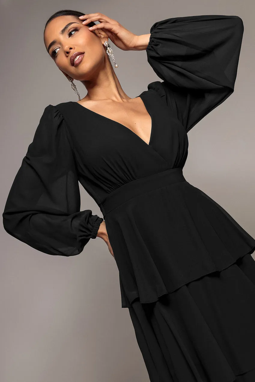 Goddiva Chiffon Wrap Maxi abito nero scollo V maniche lunghe