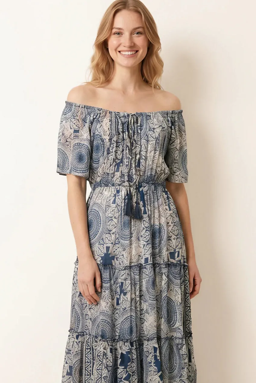 Blue Vanilla Bardot abito maxi navy spalle scoperte