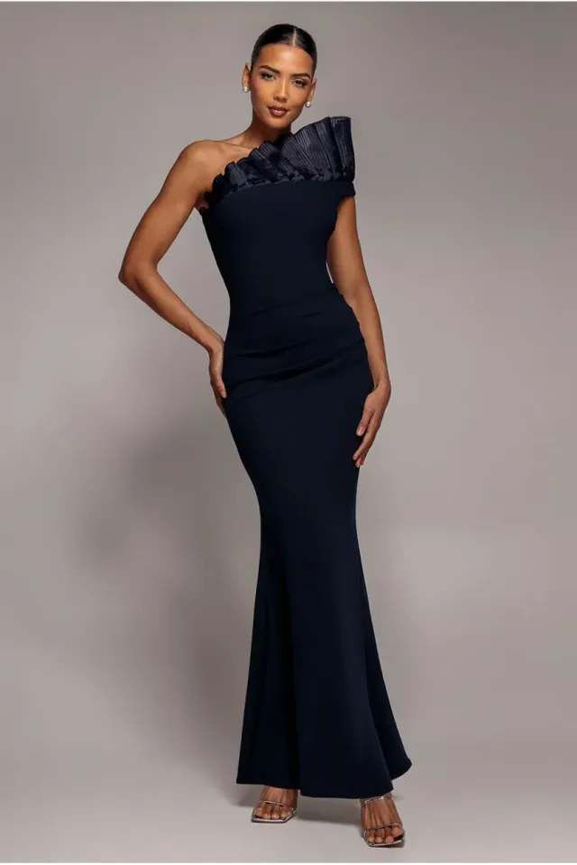 Goddiva abito maxi blu monospalla organza sirena