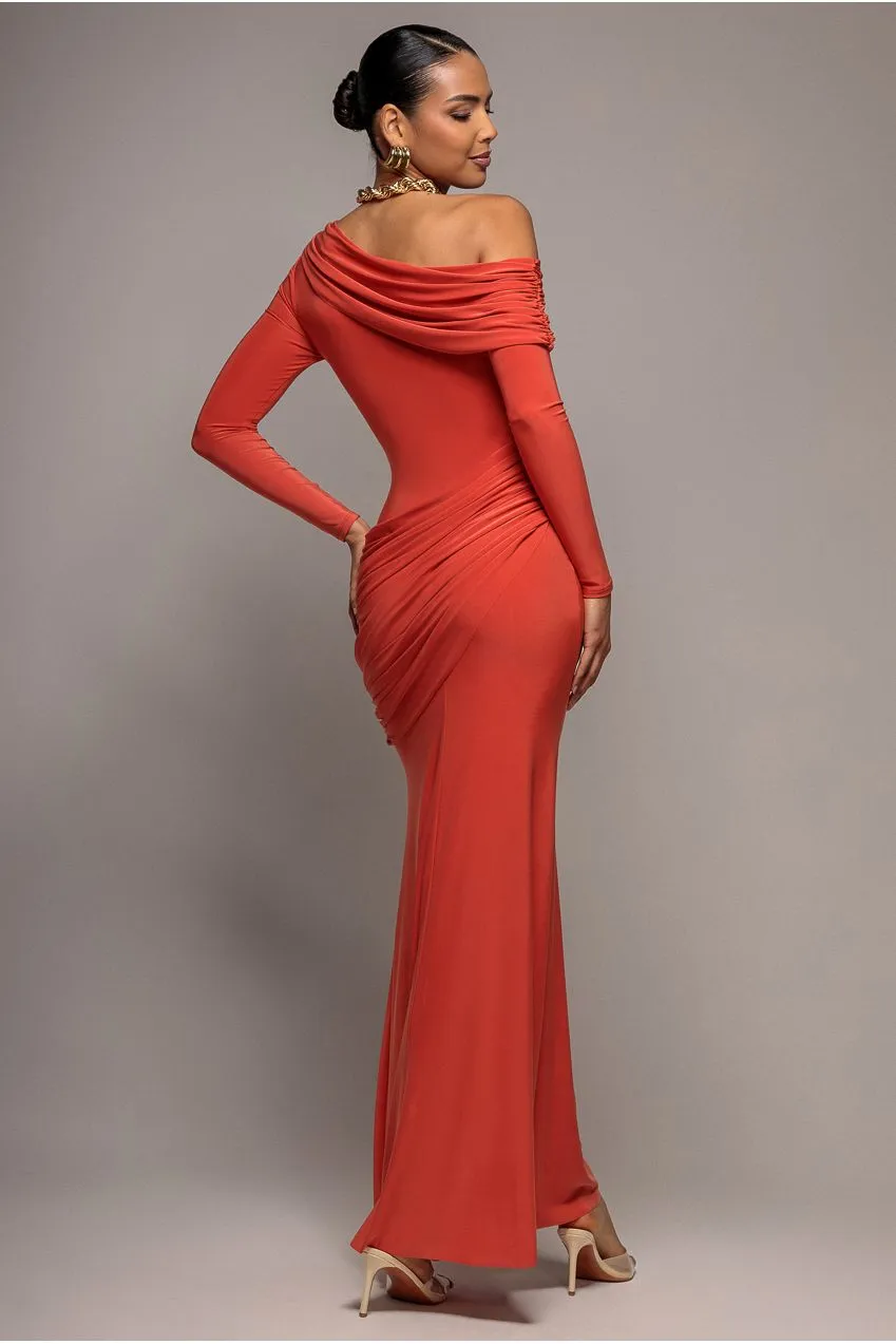 Goddiva Off Shoulder abito maxi arancione bruciato drappeggiato