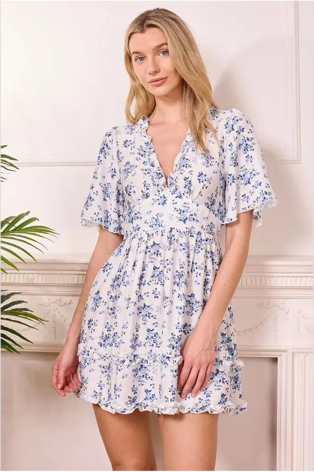 Angeleye Floral mini abito bianco fiori blu maniche corte
