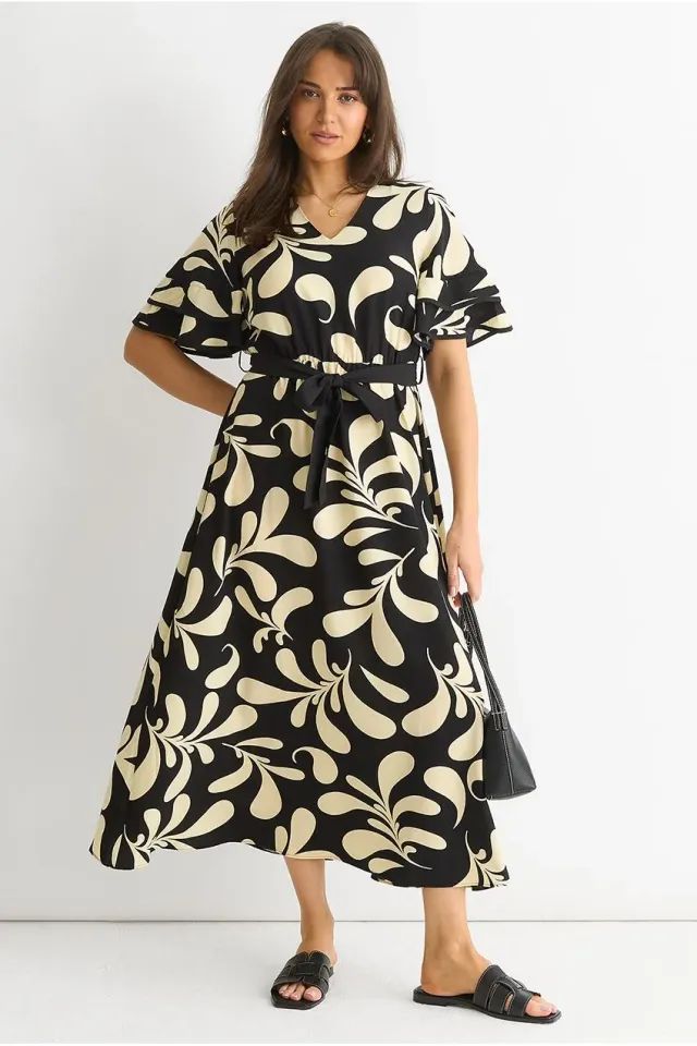 Gini London Floral V Neck abito midi nero floreale