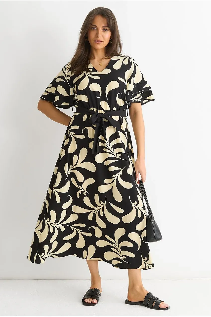 Gini London Floral V Neck abito midi nero floreale