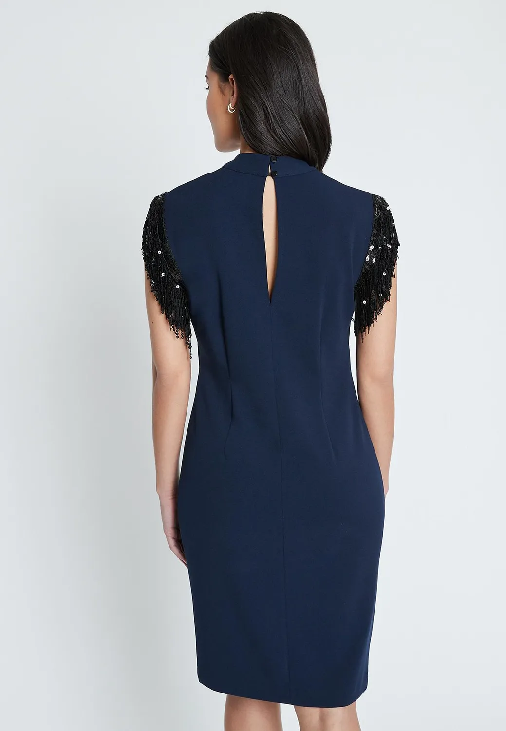 Ana Alcazar Imolys abito festa blu frange paillettes