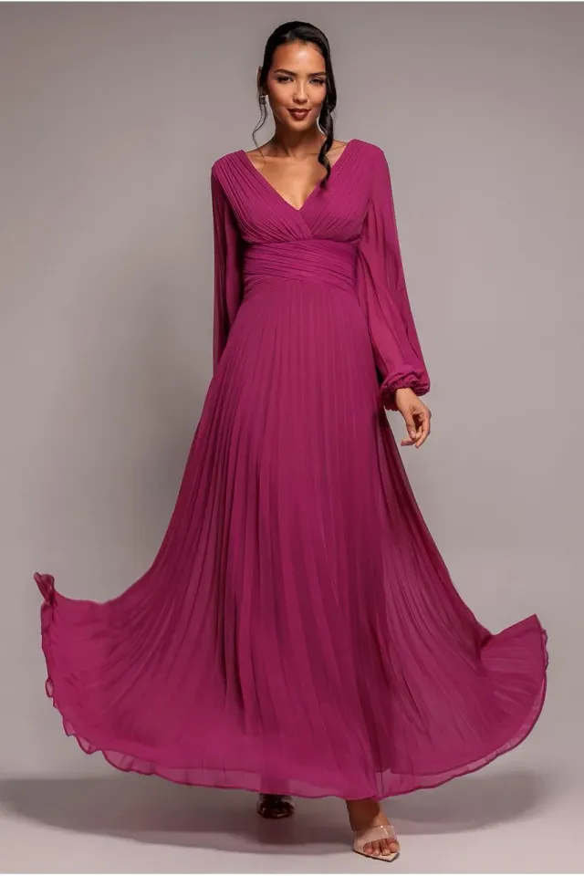 Goddiva Balloon Sleeve abito maxi magenta in chiffon