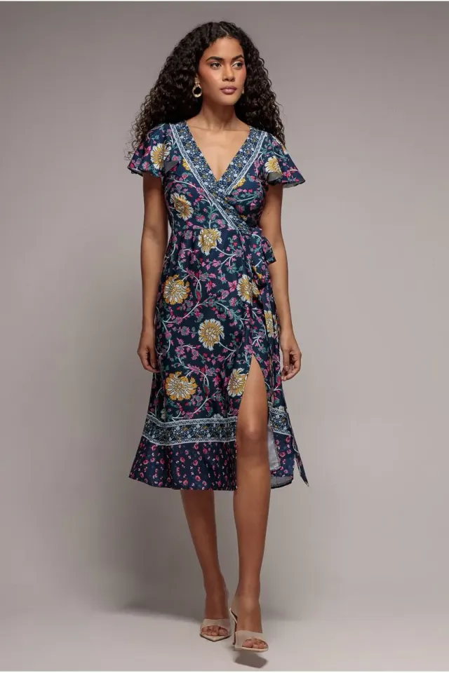 Goddiva Floral Print Wrap Flutter Abito Midi Blu Navy Floreale