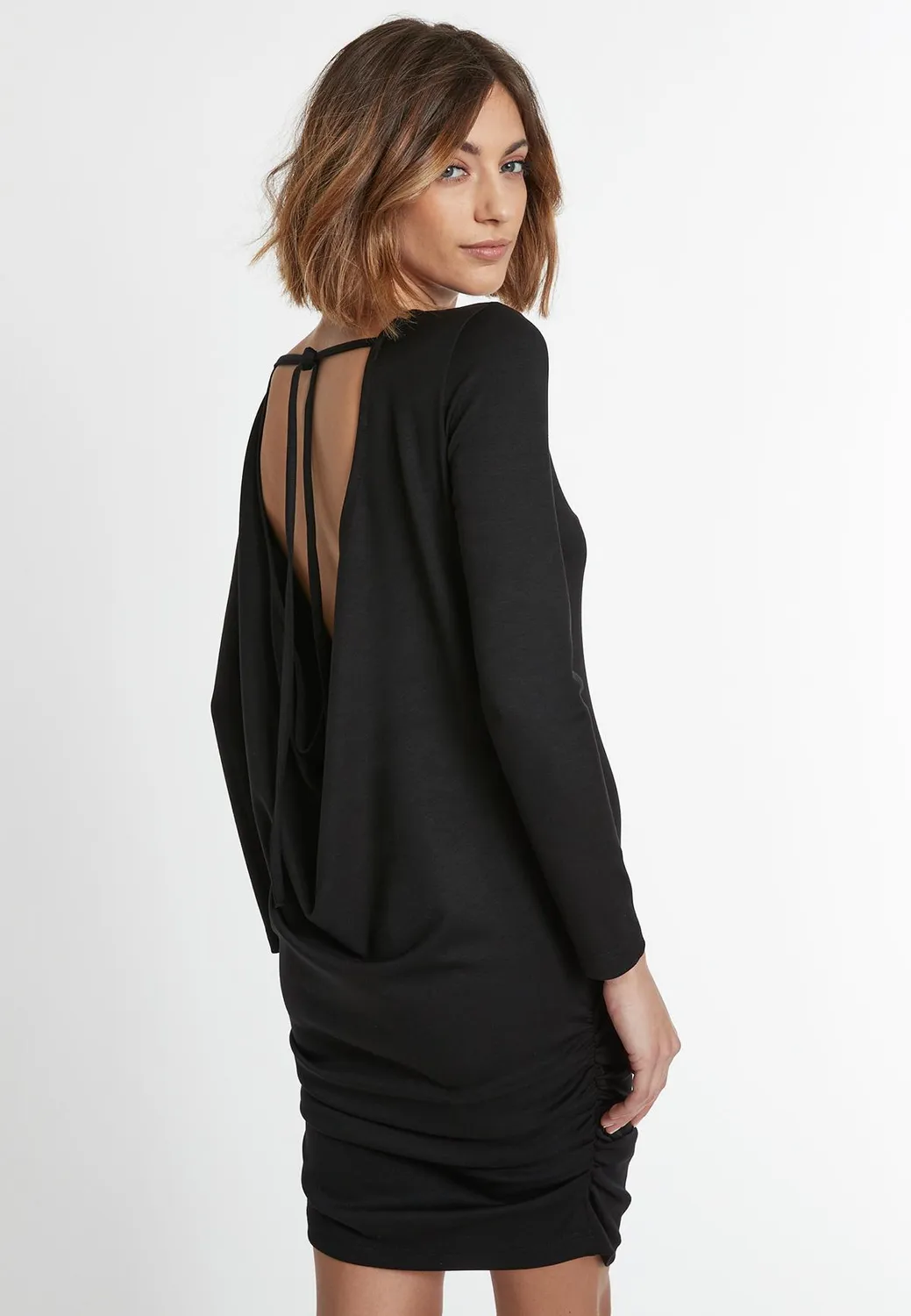 Ana Alcazar Sissi miniabito nero schiena nuda jersey