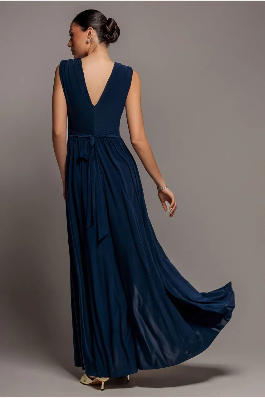 Goddiva abito maxi navy scollo incrocio vita drappeggiata