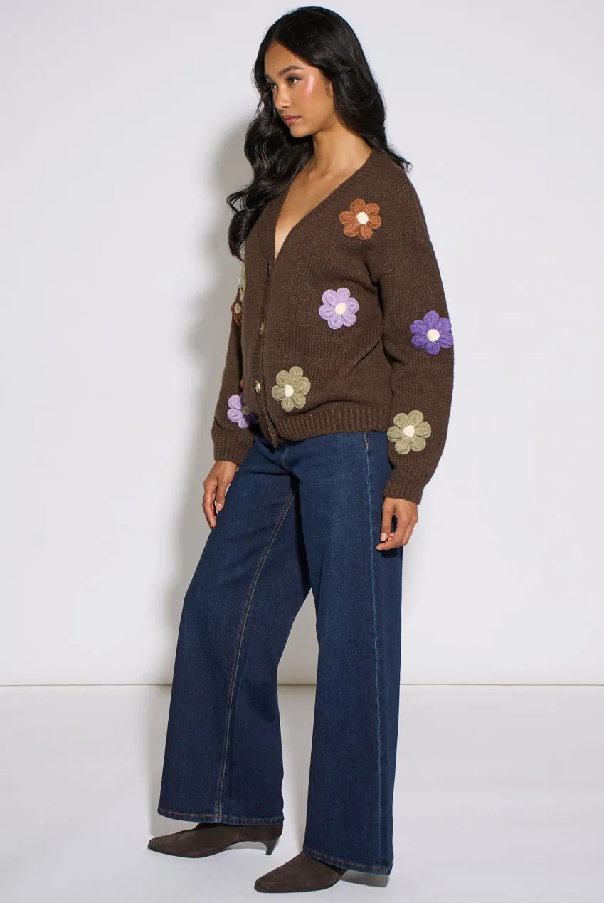 Gini London 3D Floral cardigan marrone maglia maniche lunghe