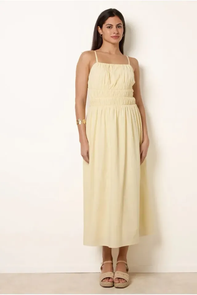 Blue Vanilla Ruched Binding Strappy Abito Midi Giallo in Cotone