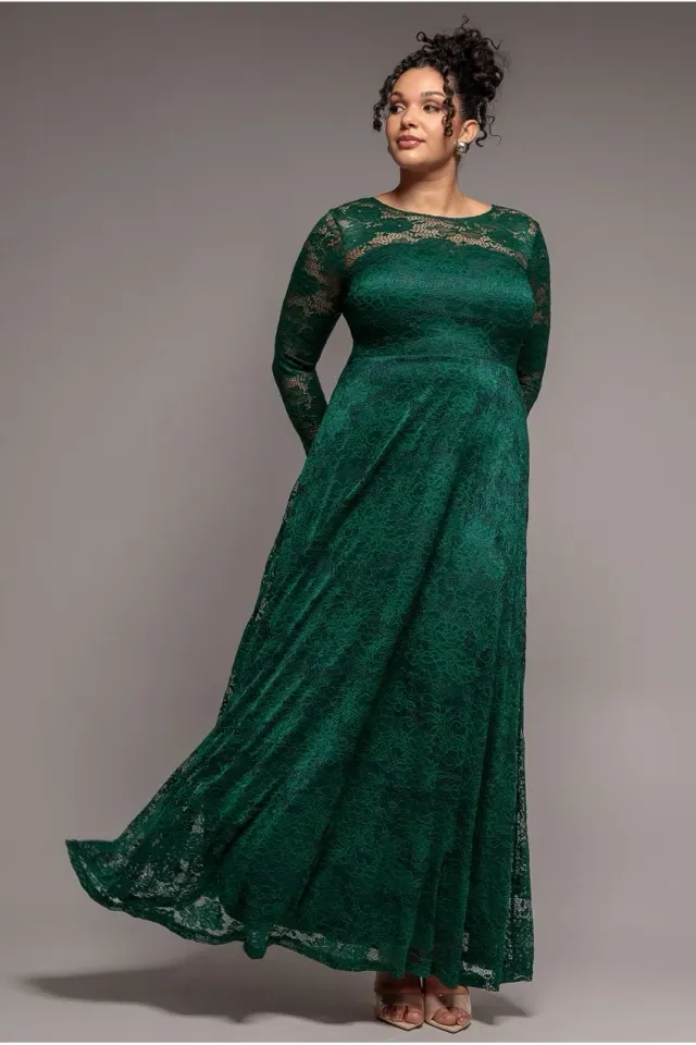 Goddiva Plus DR4496 abito maxi pizzo verde smeraldo curvy