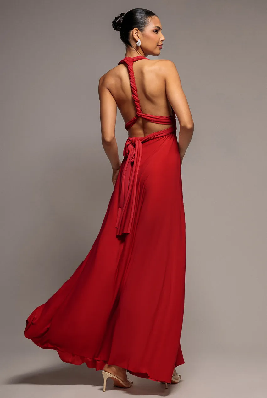 Goddiva Multiway abito lungo rosso scollato