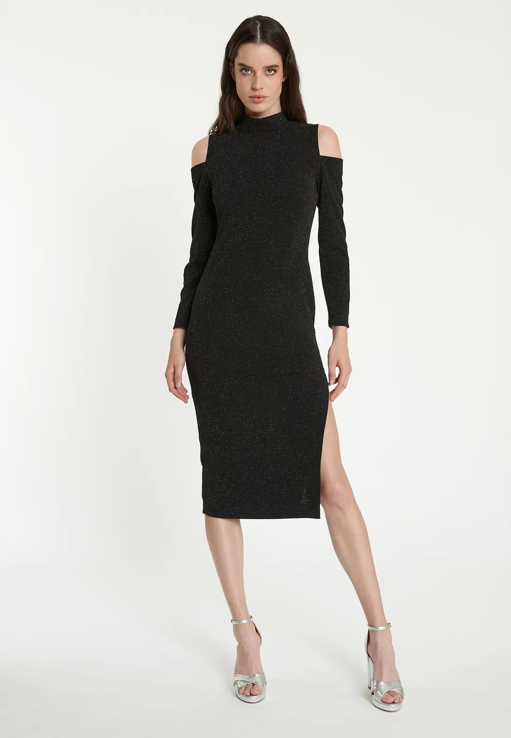 Ana Alcazar Tarina abito tubino nero in lurex midi
