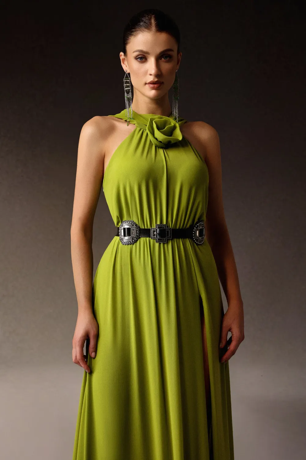 Bella Barnett Naleza abito maxi verde fiori spacco